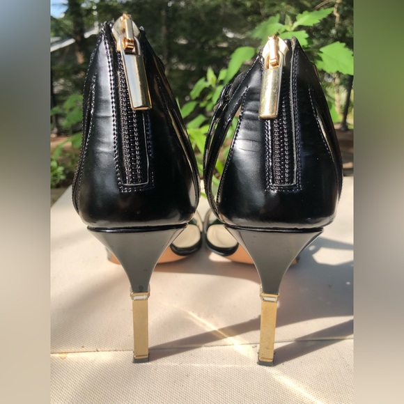 Mia Becar Leather Black Gold Heel back zipper High Heels open toe 38.5 US 8.5 - Picture 12 of 13